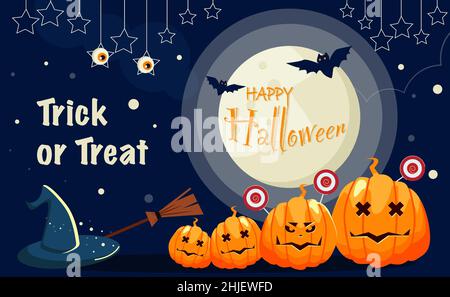 Felice Halloween banner o festa di invito sfondo con notte nuvole e zucche. Illustrazione vettoriale. Luna piena nel cielo e pipistrelli volanti. VECTO Illustrazione Vettoriale