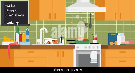 Un frammento dell'interno della cucina dai colori caldi. Processo di cottura. Padella con pasta in stufa, lavello con piatti sporchi, asse di gesso e cibo o Illustrazione Vettoriale