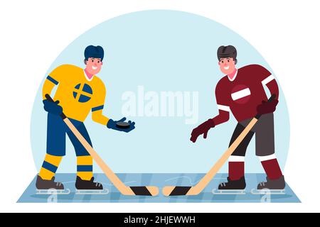 Giocatori di hockey su ghiaccio. Concorrenza tra la Svezia e la Lettonia. Illustrazione vettoriale in stile piatto. Illustrazione Vettoriale