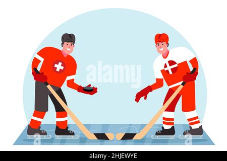 Giocatori di hockey su ghiaccio. Concorrenza tra Svizzera e Danimarca. Illustrazione vettoriale in stile piatto. Illustrazione Vettoriale