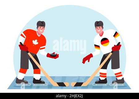 Giocatori di hockey su ghiaccio. Concorrenza tra Canada e Germania. Illustrazione vettoriale in stile piatto. Illustrazione Vettoriale