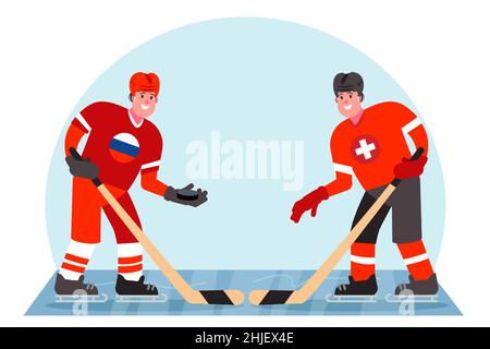 Giocatori di hockey su ghiaccio. Concorrenza tra Russia e Svizzera. Illustrazione vettoriale in stile piatto. Illustrazione Vettoriale