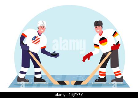 Giocatori di hockey su ghiaccio. Concorrenza tra Stati Uniti e Germania. Illustrazione vettoriale in stile piatto. Illustrazione Vettoriale