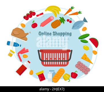 Concetto di shopping online. Cestino rosso della drogheria - un cestino della spesa con gli alimenti e le bevande differenti. Illustrazione in stile piatto, modello di design. Illustrazione Vettoriale