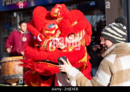 High Street, Southend on Sea, Essex, Regno Unito. 29th Jan 2022. Nell’High Street di Southend si sta celebrando il Capodanno cinese, che quest’anno prossimo è l’anno della tigre. Gli animatori di strada stanno intrattenendo gli acquirenti in costumi tradizionali. Costume da ballo Lion Foto Stock