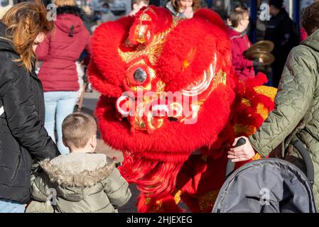 High Street, Southend on Sea, Essex, Regno Unito. 29th Jan 2022. Nell’High Street di Southend si sta celebrando il Capodanno cinese, che quest’anno prossimo è l’anno della tigre. Gli animatori di strada stanno intrattenendo gli acquirenti in costumi tradizionali. Costume da ballo Lion Foto Stock