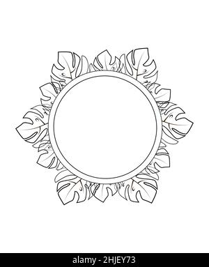 Telaio rotondo di foglia. Foglie e piante esotiche, raccolte in una composizione circolare su sfondo bianco. Modello floreale naturale . Cartolina per Illustrazione Vettoriale