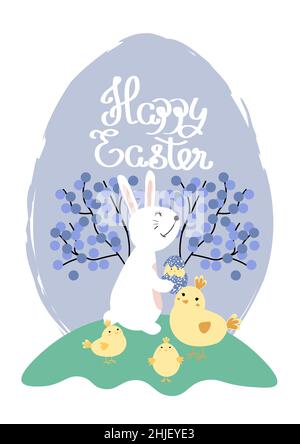 Illustrazione vettoriale di coniglietti carini con uova luminose e polli piccoli. Buon testo di auguri di Pasqua. Disegno per il Web, il luogo, il banner, il manifesto, la scheda Illustrazione Vettoriale