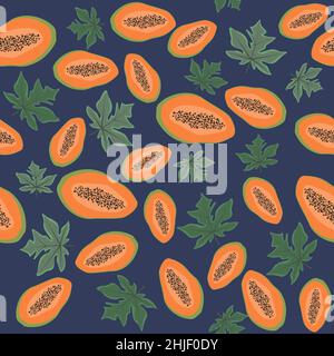 Motivo fruttato con papaia e foglie. Illustrazione vettoriale. Frutti tropicali. Design moderno ed esotico per carta, copertina, tessuto, arredamento interno. Esotico Illustrazione Vettoriale