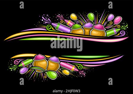 Bordo vettoriale per il Festival Holi con spazio di copia per il testo, coupon orizzontale con illustrazione dei simboli holi tradizionali, polvere gulale decorativa in Illustrazione Vettoriale