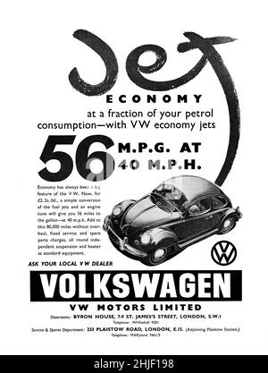 Un annuncio vintage per il Volkswagen Beetle di Motor Sport Magazine, 1957 Foto Stock