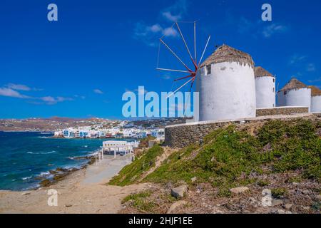 Vista elevata di mulini a vento che domina la città, Mykonos, Mykonos, Isole Cicladi, Isole Greche, Mar Egeo, Grecia, Europa Foto Stock