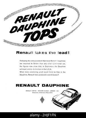 Un annuncio d'epoca per l'auto trache Renault Dauphine di Motor Sport Magazine, 1960 Foto Stock