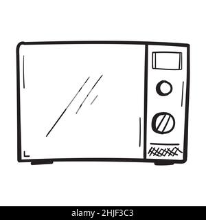 Icona forno a microonde disegnato a mano in stile doodle isolato. Illustrazione Vettoriale