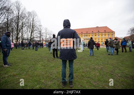 Friburgo, Germania. 29 gennaio 2022, bassa Sassonia, Osnabrück: Un partecipante a una manifestazione ha organizzato un banner "libertà e non paura". I partecipanti si dimostrano contrari alla politica di Corona. Credit: dpa Picture Alliance/Alamy Live News Foto Stock