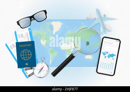 Illustrazione concettuale di un viaggio in Corea del Sud con attrezzatura da viaggio. Mappa del mondo con bussola, passaporto, biglietti, cellulare, aereo e vetro. Illustrazione Vettoriale