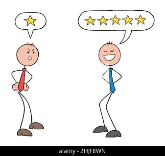 Due clienti stickman businessman che si discutono l'uno con l'altro. Uno non è affatto soddisfatto del servizio o del prodotto e dà 1 stelle, mentre l'altro io Illustrazione Vettoriale