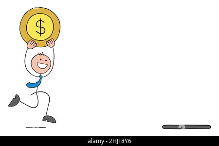 Stickman uomo d'affari che corre e che trasporta la moneta del dollaro al buco del moneybox. Sta investendo i suoi soldi. Illustrazione vettoriale di cartoni animati disegnata a mano. Illustrazione Vettoriale