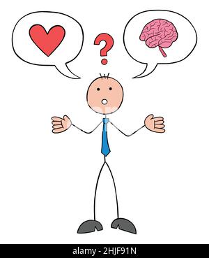 L'uomo d'affari Stickman è lacerato tra il suo cuore e il suo cervello e non può decidere se ascoltare le sue emozioni o la sua mente. Illustrazione Vettoriale