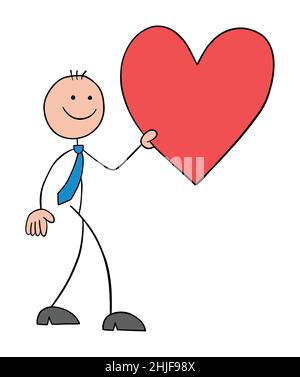 Stickman uomo d'affari sta camminando, portando il cuore ed è felice. Illustrazione vettoriale di cartoni animati disegnata a mano. Illustrazione Vettoriale