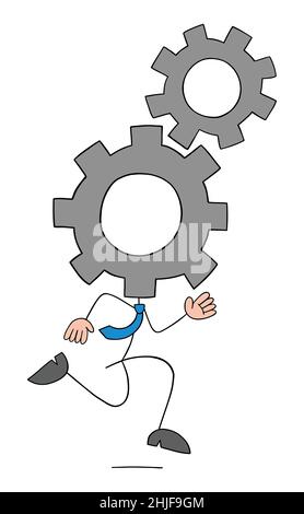 Stickman uomo d'affari con ingranaggi rotanti a mano e in corsa. Illustrazione vettoriale di cartoni animati disegnata a mano. Illustrazione Vettoriale
