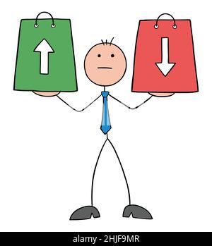 Stickman uomo d'affari che tiene i sacchetti di shopping con le frecce su e giù. Illustrazione vettoriale di cartoni animati disegnata a mano. Illustrazione Vettoriale