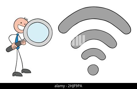 Stickman businessman esamina il segnale wifi con lente d'ingrandimento. Illustrazione vettoriale di cartoni animati disegnata a mano. Illustrazione Vettoriale