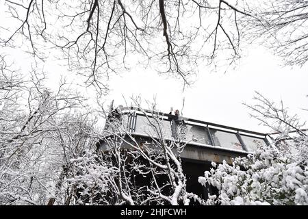 Nanjing, la provincia cinese di Jiangsu. 29th Jan 2022. I visitatori possono ammirare il paesaggio innevato sul monte Zijin a Nanjing, provincia cinese orientale di Jiangsu, 29 gennaio 2022. Credit: Fang Dongxu/Xinhua/Alamy Live News Foto Stock