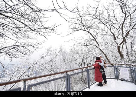 Nanjing, la provincia cinese di Jiangsu. 29th Jan 2022. I visitatori possono ammirare il paesaggio innevato sul monte Zijin a Nanjing, provincia cinese orientale di Jiangsu, 29 gennaio 2022. Credit: Fang Dongxu/Xinhua/Alamy Live News Foto Stock