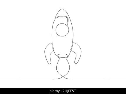 Lancio razzo linea continua art. Startup lineare icona segno isolato su sfondo bianco. Illustrazione Vettoriale