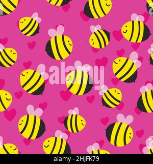 Motivo senza cuciture con api e cuori su sfondo a colori. Piccola vespe. Illustrazione vettoriale. Adorabile personaggio cartoon. Modello per invito Illustrazione Vettoriale