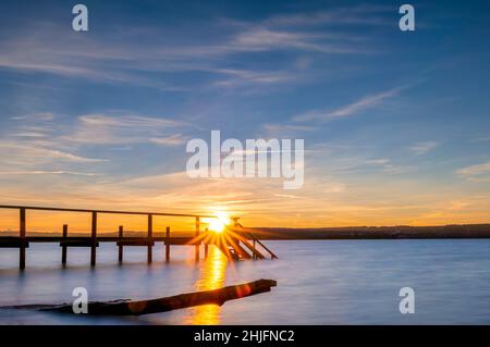 Tramonto sull'Ammersee, Fuenfseenland, alta Baviera, Baviera, Germania, Europa Foto Stock