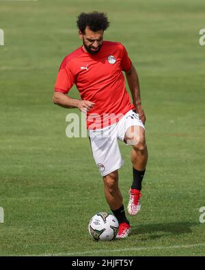 Camerun, Yaounde, 29 gennaio 2022. Mohamed Salah d'Egitto durante la sessione di allenamento in vista della quarta partita finale tra Egitto e Marocco alla Coppa delle nazioni dell'Africa, al campo di allenamento Olembe Stadium. Credit: Sebo47/Alamy Live News Foto Stock