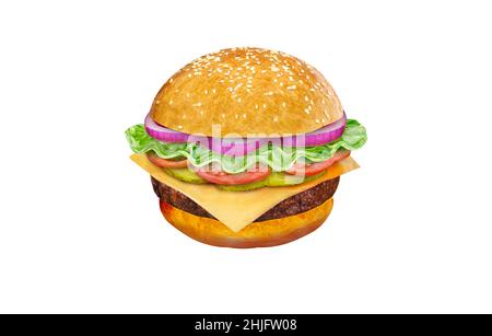 Disegno vettoriale di un hamburger con formaggio, pomodori, tritare, lattuga, cipolla, cetriolo. Illustrazione per il design del menu fast food. Icone di hamburger isolate Foto Stock