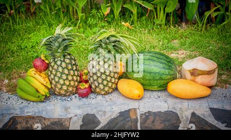 Mix di frutta fresca tropicale esotica colorata sul giardino verde. Alimenti biologici sani Foto Stock