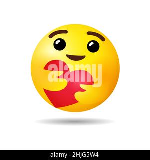Icona di reazione emoji Care. Emoticon vettoriale rotondo giallo di alta qualità per le reazioni di commento chat sui social media. Abbraccio o segno d'amore Illustrazione Vettoriale