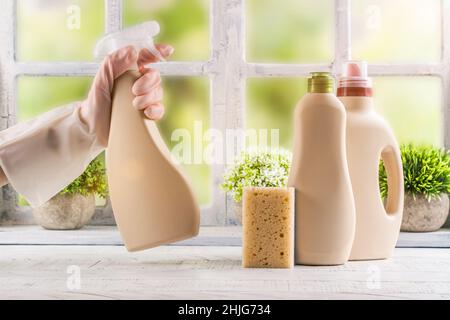 Sfondo di pulizia della molla. Set di detergenti naturali eco-compatibili, prodotti per la pulizia e utensili. Diversi materiali di consumo per la pulizia sullo sfondo della finestra. Copia s. Foto Stock