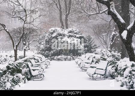 Indecisa da venti bui, temperature gelide, i newyorkesi stavano sfidando la neve del nord-est, classificata dai meteorologi come ciclone bomba. Foto Stock