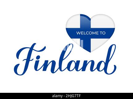 Benvenuti in Finlandia calligrafia scritta a mano con bandiera nazionale a forma di cuore isolato su sfondo bianco. Modello vettoriale per poster tipografico, p. Illustrazione Vettoriale