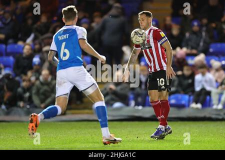 PETERBOROUGH, REGNO UNITO. GEN 29TH. Billy Sharp di Sheffield United controlla la palla durante la partita del campionato Sky Bet tra Peterborough United e Sheffield United al Weston Homes Stadium di Peterborough sabato 29th gennaio 2022. (Credit: James Holyoak | MI News) Credit: MI News & Sport /Alamy Live News Foto Stock