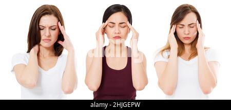 donne con mal di testa isolato su bianco, soffrendo asiatico e donna caucasica, soffrono la gente Foto Stock