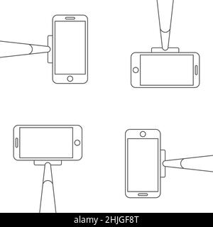 Smartphone su una serie di icone a linea di selfie stick. Selfie monopiede con schermo cellulare vuoto. Illustrazione vettoriale piatta isolata su sfondo bianco. Illustrazione Vettoriale