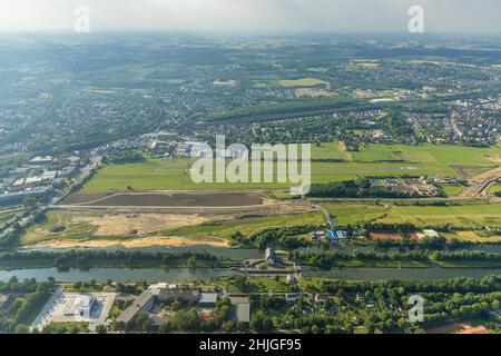 Fotografia aerea, palestra Hammonense, nuovo centro di sport acquatici, cantiere ricostruzione Lippe diga di protezione a Jupp-Eickhoff-Weg, Lippe Be Foto Stock