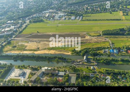 Fotografia aerea, palestra Hammonense, nuovo centro di sport acquatici, cantiere ricostruzione Lippe diga di protezione a Jupp-Eickhoff-Weg, Lippe Be Foto Stock