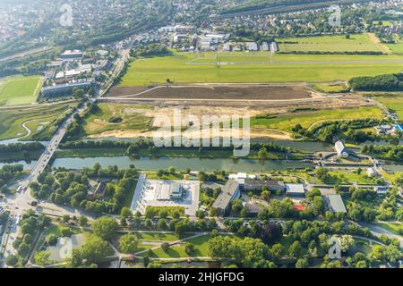 Fotografia aerea, palestra Hammonense, nuovo centro di sport acquatici, cantiere per la diga di protezione a Jupp-Eickhoff-Weg, Lippe spiaggia, Hamm-Lippewi Foto Stock