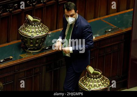 Roma, Italia. 29th Jan 2022. Matteo Salvini durante l'ottava sessione di voto per eleggere il nuovo Presidente della Repubblica italiana presso la Camera dei deputati in plenaria. Roma, 29 gennaio 2022 a Roma, Italia.Photo Samantha Zucchi Insidefoto Credit: Insidefoto srl/Alamy Live News Foto Stock