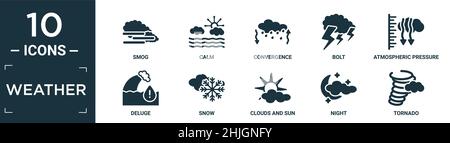 set di icone di tempo pieno. contengono smog piatto, calmo, convergenza, bullone, pressione atmosferica, diluvio, neve, nuvole e sole, notte, icone tornado in edita Illustrazione Vettoriale