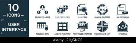 set di icone dell'interfaccia utente riempito. contiene utenti collegati in piano nel diagramma di flusso, più pulsante percentuale più, file di ricerca, indicatore di caricamento, estensione avi Illustrazione Vettoriale