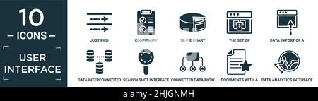 set di icone dell'interfaccia utente compilato. contiene un grafico a torta a 3d torta, giustificato da elementi piatti, esportazione dati di una finestra con una freccia, interconnessione dati Illustrazione Vettoriale