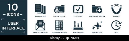 set di icone dell'interfaccia utente riempito. contiene file multiplo piatto, sblocca cartella, casella di controllo, pulsante aggiungi cartella, magnete, aprire la lettera letta e-mail, tasto telefono Illustrazione Vettoriale